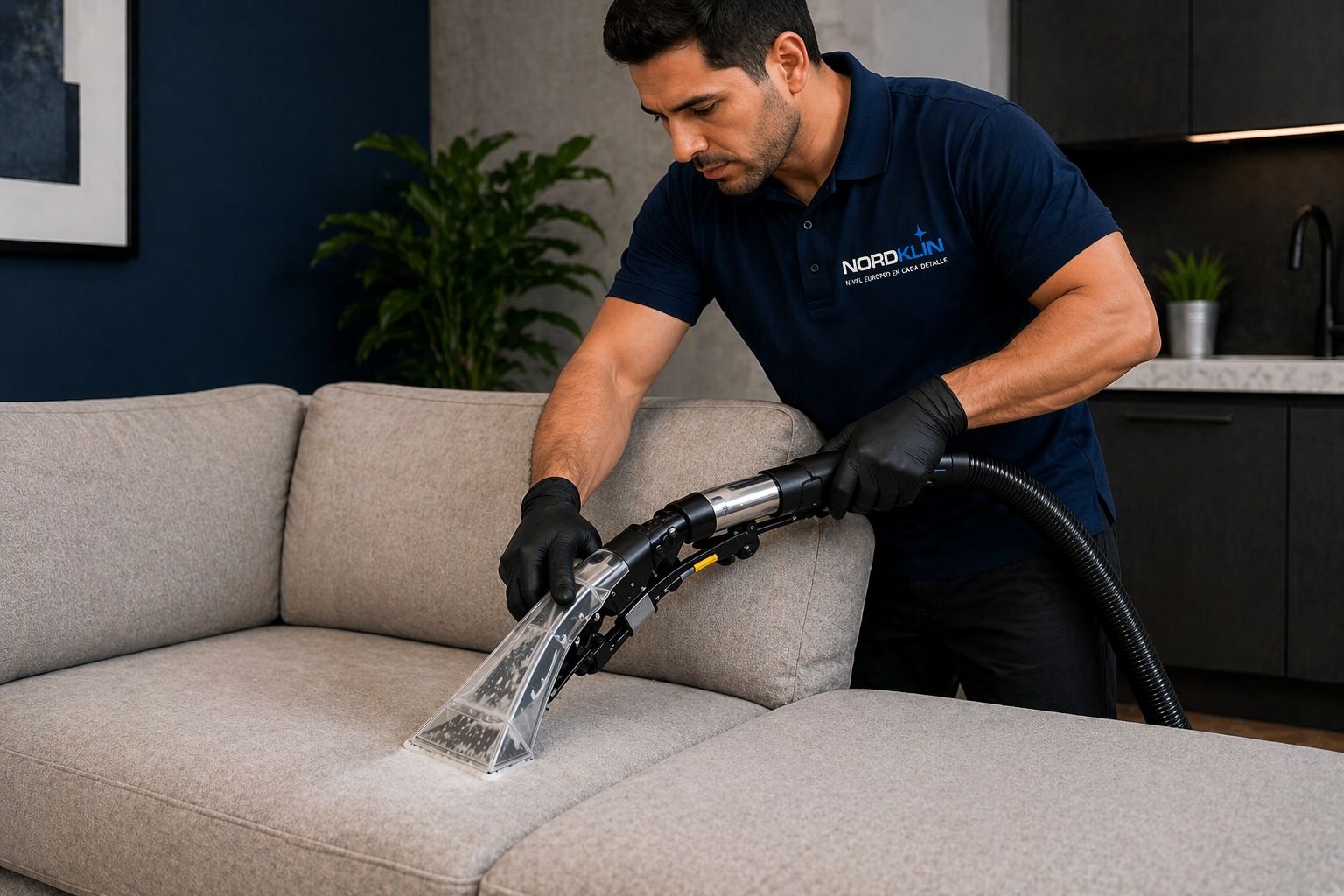 Técnico NORDKLIN lavando sala con lavaspiradora